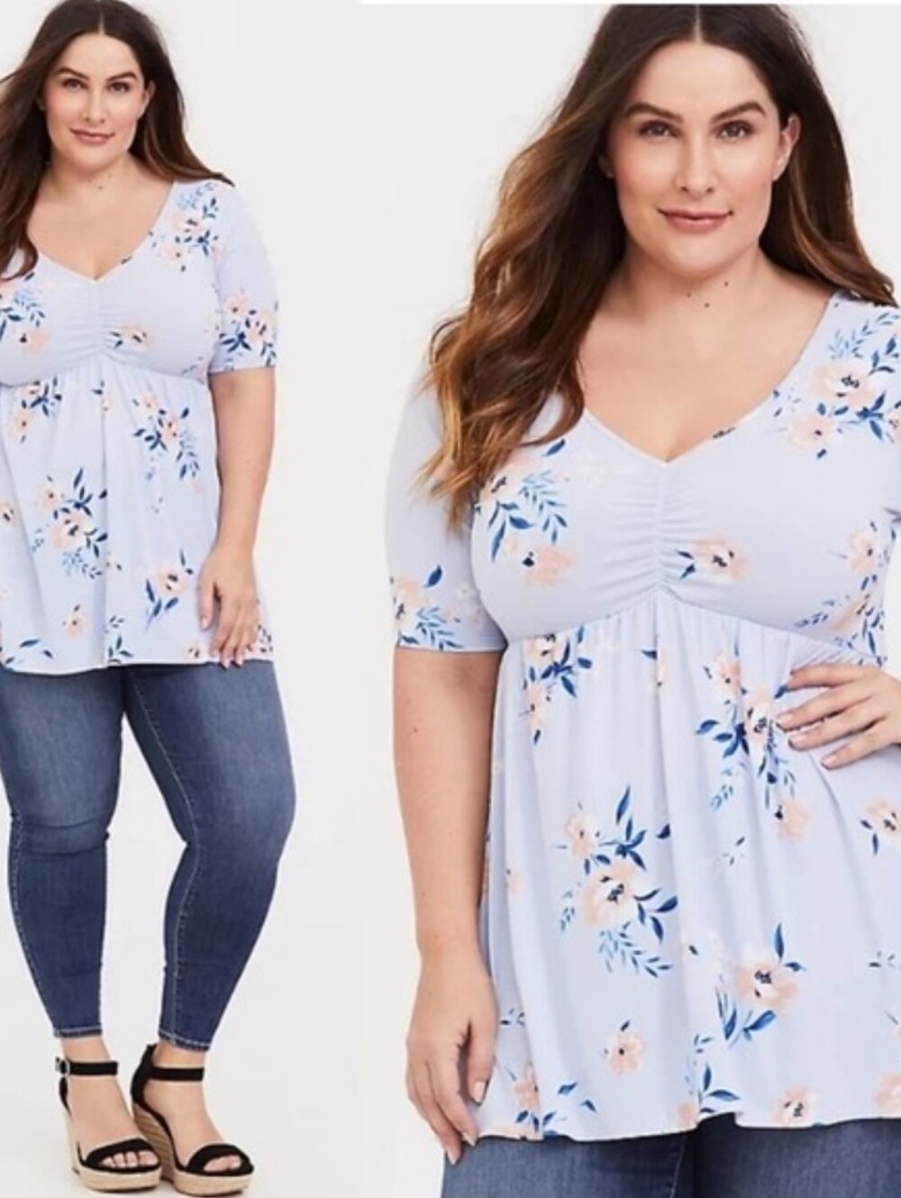 Torrid Light Blue Floral V-Neck Ruched Top